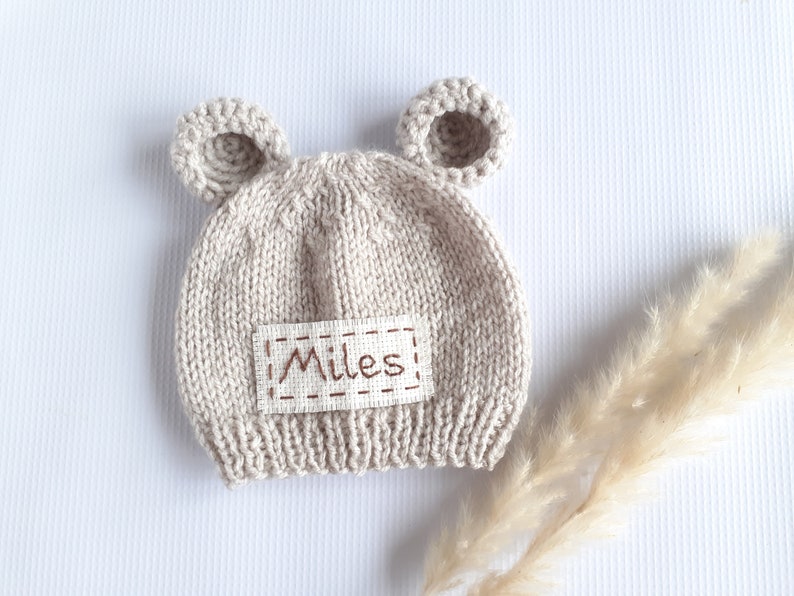 Personalised newborn baby bear hat booties set Handmade teddy bear baby shower gift Custom name bear gift gender neutral colors beanie socks image 3