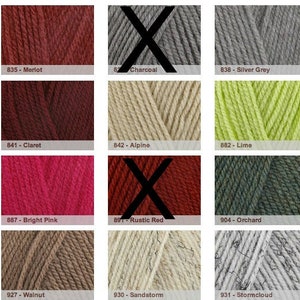 May include: A color chart of yarn samples, with each color labeled with a number and name. The colors include classic red, merlot, charcoal, silver grey, bottle green, purple, claret, alpine, lime, neon, bright green, bright pink, rustic red, orchard, velvet plum, emerald, walnut, sandstorm, stormcloud, and cupid.