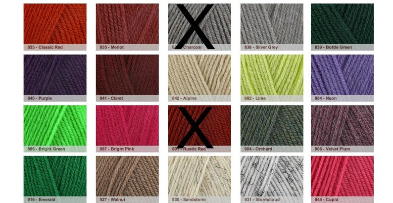 May include: A color chart of yarn samples, with each color labeled with a number and name. The colors include classic red, merlot, charcoal, silver grey, bottle green, purple, claret, alpine, lime, neon, bright green, bright pink, rustic red, orchard, velvet plum, emerald, walnut, sandstorm, stormcloud, and cupid.