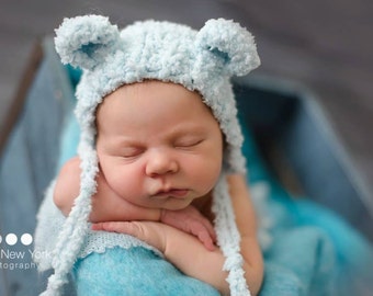 Newborn knit bear hat with ears-newborn animal teddy bear photo prop-gender neutral baby announcement hat, bear baby shower handmade gift