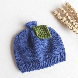 May include: A knitted blue hat with a green leaf accent. The hat is made of a soft, textured yarn and features a small, rounded top. The green leaf is attached to the front of the hat. The hat is likely for a baby or child.