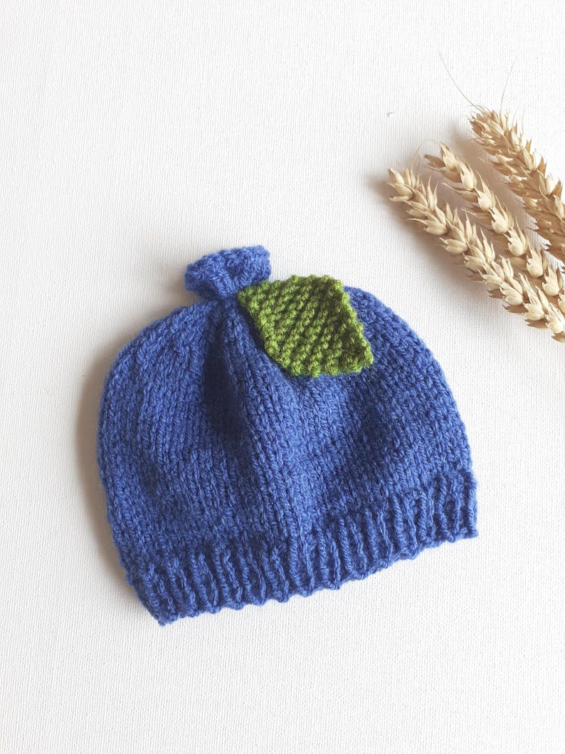 May include: A knitted blue hat with a green leaf accent. The hat is made of a soft, textured yarn and features a small, rounded top. The green leaf is attached to the front of the hat. The hat is likely for a baby or child.