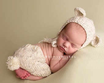 Newborn knit bear photo outfit-newborn baby photo prop- teddy bear baby shower gift-bear hat with ears and shorts-baby announcement outfit-