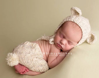 Newborn knit bear set photo outfit-newborn photo prop- teddy bear baby shower gift-bear hat with ears and shorts-baby announcement outfit-