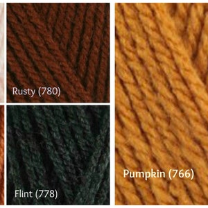 May include: A color chart showing ten different shades of yarn. The colors are Peaches, Rusty, Pumpkin, Fox, Flint, and five other shades.