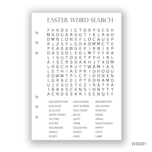Op de afbeelding: Een zwart-witte printbare paaswoordzoeker met de woorden "Easter Word Search" bovenaan. De puzzel bevat woorden die verband houden met Pasen, zoals "opstanding", "kruisiging", "verlossing", "discipelen", "laatste avondmaal", "verlossing", "halleluja", "goede week", "pasen", "goede vrijdag", "Jezus", "opgestane", "overwinning", "licht", "engel", "Pasen", "graf", "Palmzondag", "hemelvaart", "Golgotha", "leeg", "genade", "kruis", "geloof", "glorie", "hoop", en "lam".