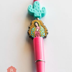 Stylo à billes Notre-Dame de Guadalupe, stylos à billes de cactus, stylo catholique, cadeaux catholiques, perles focales en silicone, stylo chrétien