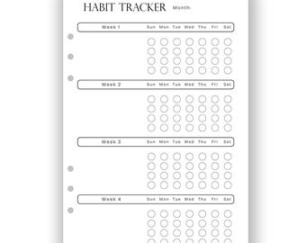 Puede incluir: Un rastreador de hábitos imprimible con cuatro semanas de casillas diarias para realizar un seguimiento de los hábitos. El rastreador tiene un encabezado que dice "Habit Tracker" y un espacio para el mes.