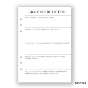 May include: A printable gratitude reflection worksheet with five prompts to help you reflect on your day. The prompts are: What am I most thankful for today? How did I see God's hand in my life today? Where did I experience blessings or unexpected joys? How did God sustain me in moments of difficulty, stress, or pain? Was there a moment where I felt God's presence in creation, beauty, or a small act of love?