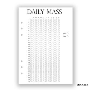 May include: A black and white printable daily mass tracker with a grid of circles for each day of the year. The tracker includes the months of the year and the days of the week. There are two checkboxes at the bottom of the page labeled "YES" and "NO".