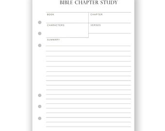 Puede incluir: Una hoja de trabajo imprimible para el estudio de un capítulo de la Biblia con secciones para el libro, el capítulo, los personajes, los versículos y un resumen. La hoja de trabajo tiene un diseño simple con círculos y líneas grises.