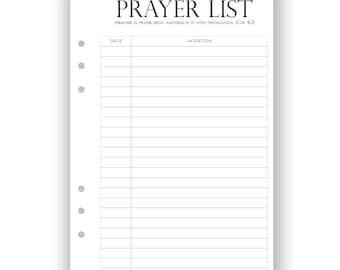 Puede incluir: Una lista de oración imprimible con el texto "PRAYER LIST" en la parte superior y la escritura "PERSEVERE IN PRAYER, BEING WATCHFUL IN IT WITH THANKSGIVING (COL 4:2)" debajo. La lista tiene columnas para "DATE" e "INTENTION".