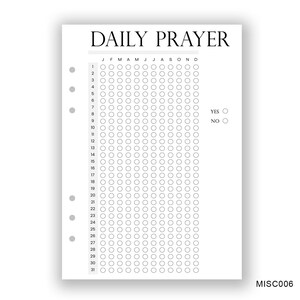Op de afbeelding: Een printbare dagelijkse gebedstracker met een raster van cirkels voor elke dag van het jaar. De tracker bevat een sectie om aan te geven of je elke dag hebt gebeden met een "ja" of "nee" optie.