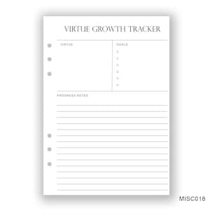 May include: A printable planner page with the title "Virtue Growth Tracker". The page is divided into three sections: Virtue, Goals, and Progress Notes. The Goals section has five bullet points for listing goals. The Progress Notes section has 15 lines for writing notes.