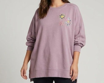 Felpa GAP viola taglia XL con ricamo floreale patchwork, pezzo unico.
