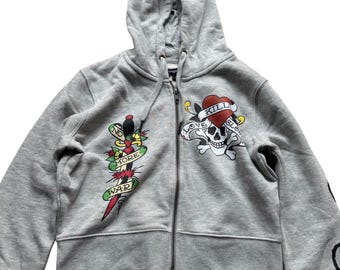 Vintage Année 2000 Ed Hardy Taille L Gris Love Skull Tattoo Graphic Sweat à capuche court zippé