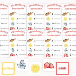 Puede incluir: Tarjetas de recetas para limonada de fresa, con ilustraciones de limones, fresas y cubitos de hielo. Las tarjetas están dispuestas en una cuadrícula, con las palabras "strawberry lemonade" en la parte superior. Medidas en métrico.