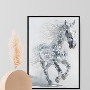 May include: A white horse with a silver disco ball-like coat runs across a white background. The horse's mane and tail are flowing in the wind.