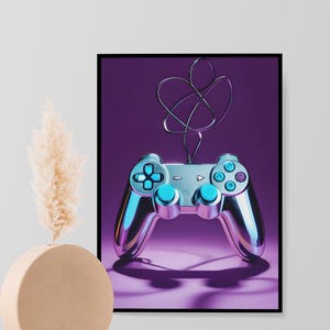 May include: A chrome-colored video game controller with blue buttons, on a purple background. The controller is connected to a cord that is tangled above it.