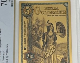 2023 Nevada 5 GOLDBACKS • 1/200oz Fine Gold • 99.9% Pure Fractional Gold Currency 24K • Graded Supreme Gem Uncirculated PCGS Banknote 70 PPQ