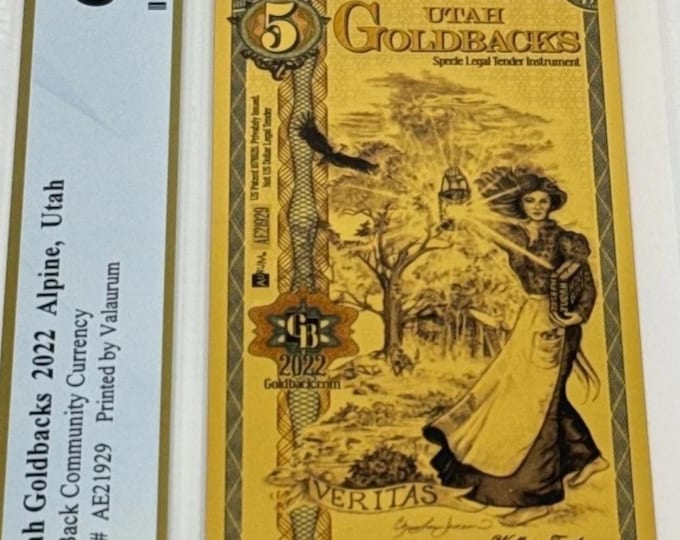 2022 Utah 5 GOLDBACK • 1/200 oz Fine Gold • 99.9% Pure Fractional Gold Currency Note • Graded Superb Gem Uncirculated, PCGS Banknote 69 PPQ