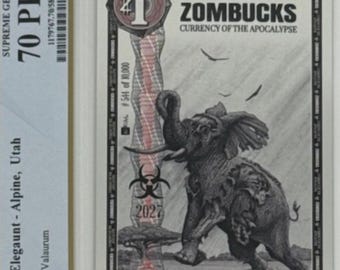 2027 Zombucks Elegaunt • Zombie Wildlife Elephant • 1/1000 oz Fine Silver Note (99.9% Pure) • Graded Supreme Gem Uncirculated, PCGS 70 PPQ