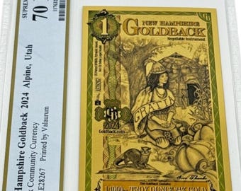 2024 New Hampshire 1 GOLDBACK • 1/1000oz Fine Gold • 99.9% Pure Fractional Gold 24K Note • Graded Supreme Gem Uncirculated, PCGS 70 PPQ