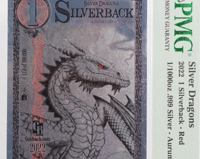2022 Silver Dragons 1 Silverback, Red Edition • First Year of Issue Note • 1/100oz Fine Silver Aurum (99.9% Pure) • PMG 70, Gem Uncirculated