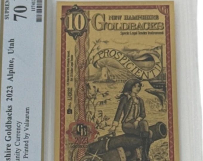 2023 New Hampshire 10 GOLDBACKS • 1/100 oz Fine Gold • 99.9% Pure Fractional Gold Currency • Graded Supreme Gem Uncirculated, PCGS 70 PPQ
