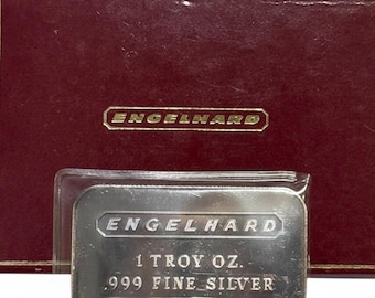 Engelhard Silver Art Bar in Rare Original Box • Pebble Back + Border, No Serial • 1 oz Pure Silver Ingot (.999 Fine)