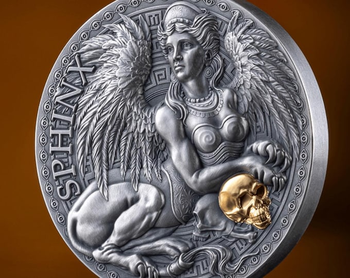 SPHINX, The Great Greek Mythology • 2024 Cameroon Mint XXI • 1 oz Fine Silver Coin • High Relief, Gold Guilded • Limited Mintage 50/500