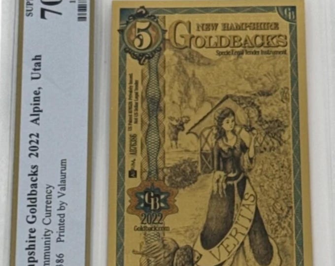 2022 New Hampshire 5 GOLDBACKS • 1/200oz Fine Gold • 99.9% Pure Fractional Gold 24K Note • Graded Supreme Gem Uncirculated, PCGS 70 PPQ