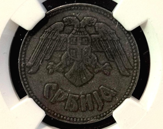 1943 BN Serbia 10 Dinars • World War 2 Coin • Issued During German Occupation of Serbia • Minted in Budapest, Hungary • Graded NGC Genuine