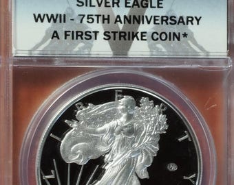 2020 W American Silver Eagle with V75 Privy • World War 2 Anniversary • First Strike Label with OGP Box + COA • Graded ANACS PR70 Deep Cameo