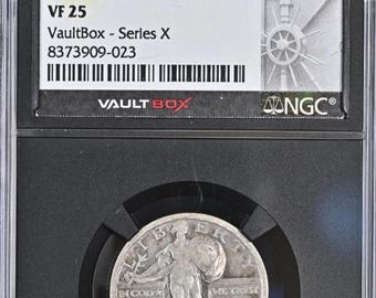 1919 D Standing Liberty Quarter 25c • KEY DATE • Vaultbox Series X Label + Display Box • Denver Mint • 90% Silver Coin • Graded NGC VF25