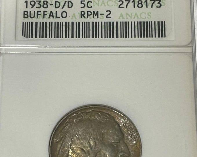 1938 D/D Buffalo Indian Head Nickel • D over D Mint Mark Error (RPM-2) • Denver Mint • Last Year of Issue Soapbox Holder • Graded ANACS AU55