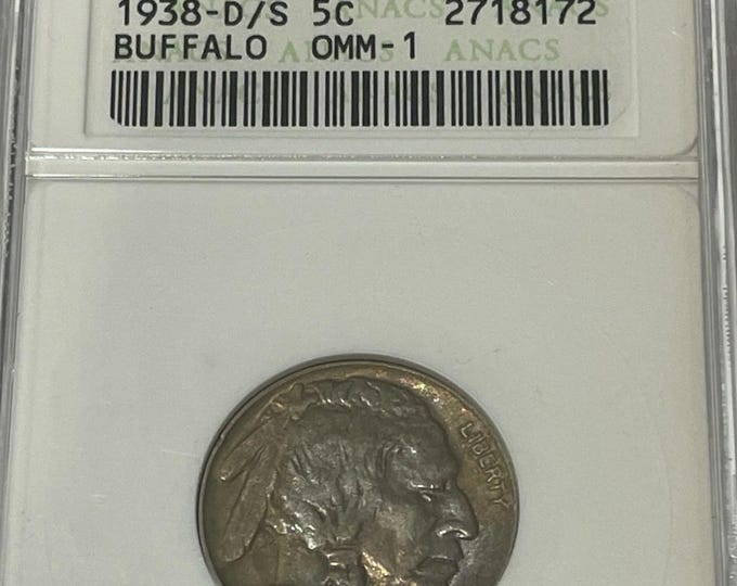 1938 D/S Buffalo Indian Head Nickel • D over S Mint Mark Error (OMM-1) • Denver Mint • Last Year of Issue Soapbox Holder • Graded ANACS AU50