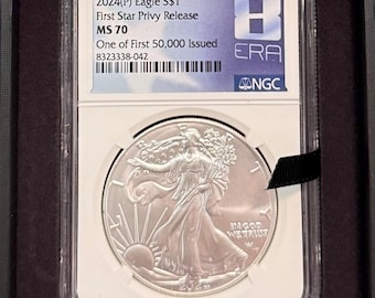 2024 P American Silver Eagle • First Star Privy Release • 8ERA Game Label • One of First 50,000 • RARE Nice Gang Display Box • NGC MS70