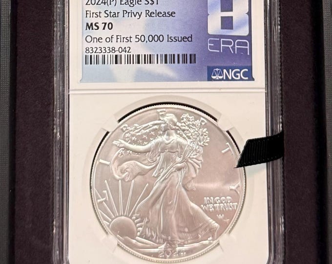 2024 P American Silver Eagle • First Star Privy Release • 8ERA Game Label • One of First 50,000 • RARE Nice Gang Display Box • NGC MS70