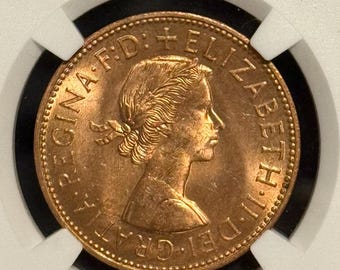 1962 Great Britain Queen Elizabeth II Penny • Tower of London Label • BU Mint State United Kingdom Bronze World Coin • Graded NGC Genuine