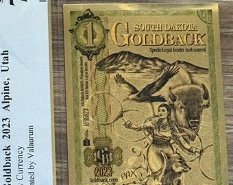2023 South Dakota 1 GOLDBACK • First Day of Issue Label • 1/1000oz Fine Gold Note • 99.9% Pure Fractional Gold • Graded Gem PCGS 70 PPQ