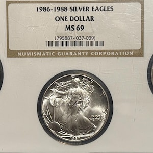 3 Coin Silver Eagle Set (1986, 1987 & 1988) • Slab Holder Encapsulating All Coins • First 3 Years of Philadelphia Mintage • Graded NGC MS69