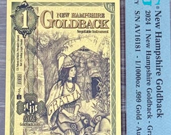2024 New Hampshire 1 GOLDBACK • 1/1000oz Fine Gold • 99.9% Pure Fractional Gold • 24K Currency Note • Graded Gem Uncirculated, PMG 70