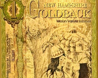 2020 New Hampshire Pre-Alpha 1 GOLDBACK • First Year of Issue • 1/1000oz Fine Gold, 24K • Uncirculated Pure Gold Note in Currency Sleeve