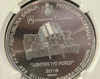 2018 Serbia 100 Dinars • Nikola Tesla Alternating Current Coin • 1 oz Fine Silver (99.9% Pure) • First Day of Production Label • NGC MS70