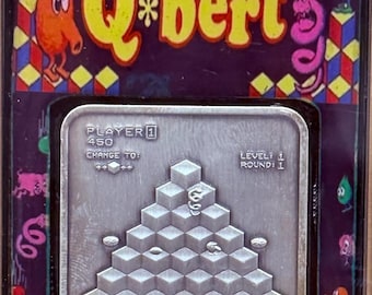 Qbert Silver Bar in Atari Game Capsule with Stand + COA • 1 oz Pure Silver (.999 Fine) • Limited Mintage #84/250