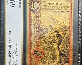 2020 Utah 10 GOLDBACKS • 1/100oz Fine Gold Currency Note • Graded Superb Gem Uncirculated, PCGS Banknote 69 PPQ