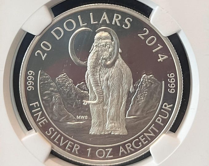 2014 Canada S20 Proof Coin • Prehistoric Animals Series: Woolly Mammoth • Early Releases Label • 1 oz Fine Silver • NGC PF69 Ultra Cameo