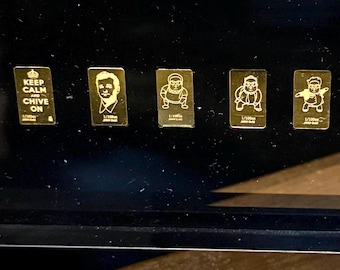 SET OF 5, The Chive Gold Bars in Display Holder • 1/100 oz Pure Gold Each Bar (.9999 Fine) • KCCO Keep Calm, Chris Farley & Bill Murray