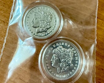 SET OF 2 Miniature Morgan Dollar Tribute Coin in Protective Capsule • 1 Gram Fine Silver (99.9% Pure) • Fractional Silver Round (15mm)